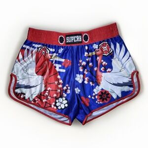 ROMWE Men's XXL US 44 Blue Red Crane Floral Athletic Muay Thai Shorts